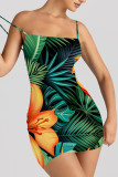 Green Sexy Geometric Print Cartoon Print Contrast Printed Dresses