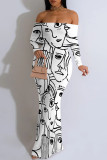 Black Elegant Geometric Print Tropical Print Contrast Off Shoulder One Step Skirt Dresses