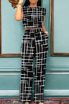 Black Casual Stripe Pocket Patchwork O Neck Short Sleeve Two Pieces