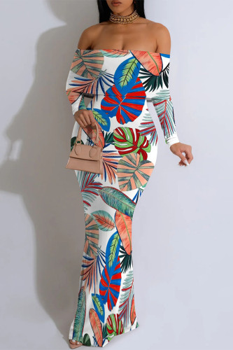 White Elegant Geometric Print Tropical Print Contrast Off Shoulder One Step Skirt Dresses