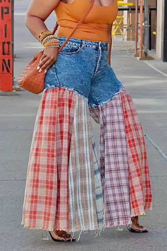 Blue Street Plaid Pocket Buttons Patchwork Zipper Mid Waist Loose Denim Jeans