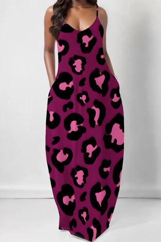 Purple Casual Leopard Print Pocket U Neck Printed Dresses