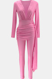 Black Casual Solid Color Patchwork Ruched V Neck Skinny Jumpsuits