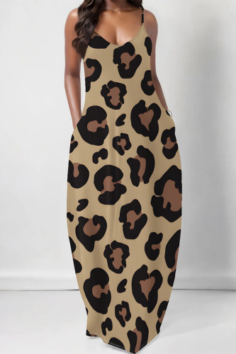 Khaki Casual Leopard Print Pocket U Neck Printed Dresses
