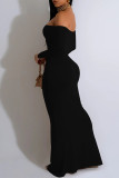 Black Elegant Geometric Print Tropical Print Contrast Off Shoulder One Step Skirt Dresses