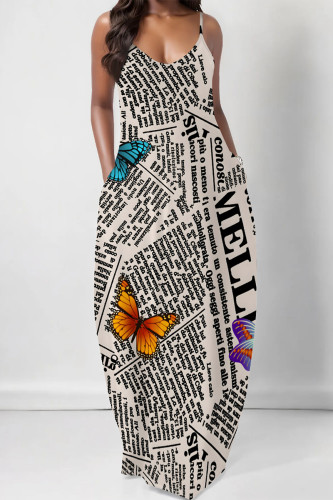 Light Beige Gray Sexy Butterfly Print Letter Print U Neck Printed Dresses