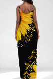 Gold Elegant Print Pocket Patchwork Spaghetti Strap Sling Dresses
