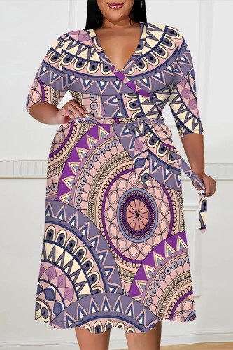 Powdery Violet Elegant Geometric Print Lace Up Contrast V Neck Printed Plus Size Dresses
