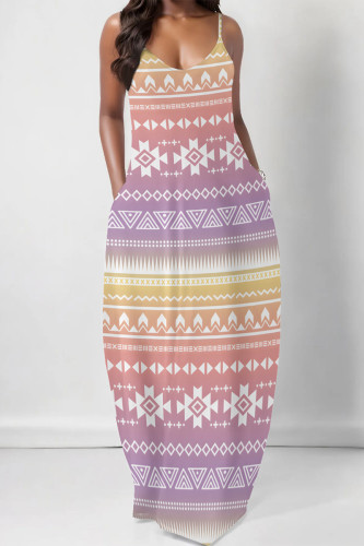 Pink Sexy Geometric Print Pocket Contrast V Neck Printed Dresses