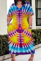Yellow And Blue Casual Tie Dye Pocket Patchwork V Neck Straight Plus Size Dresses