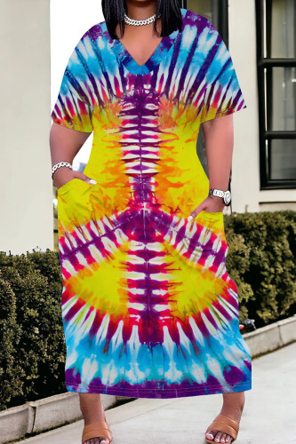 Yellow And Blue Casual Tie Dye Pocket Patchwork V Neck Straight Plus Size Dresses