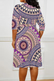 White Elegant Geometric Print Lace Up Contrast V Neck Printed Plus Size Dresses