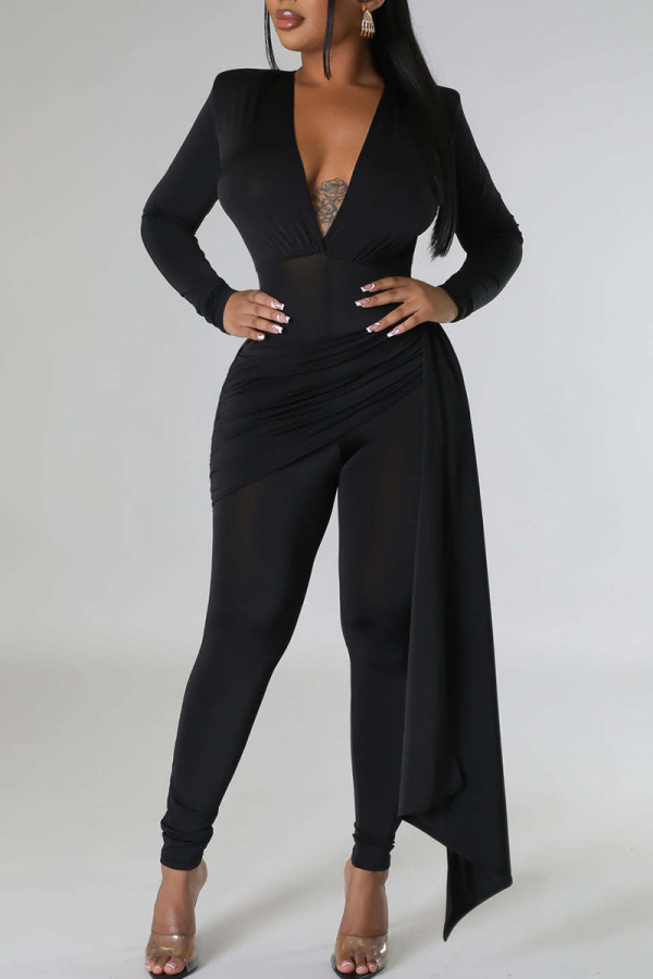 Black Casual Solid Color Patchwork Ruched V Neck Skinny Jumpsuits