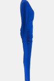 Black Casual Solid Color Patchwork Ruched V Neck Skinny Jumpsuits