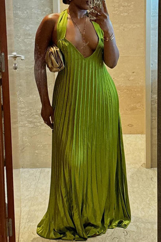 Green Elegant Solid Color Patchwork Pleated V Neck Pleated Dresses
