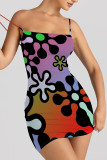 Green Sexy Geometric Print Cartoon Print Contrast Printed Dresses