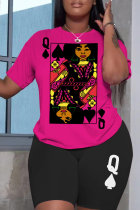 Rose Red Casual Print Basic O Neck Short Sleeve Two Pieces