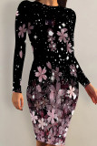 Gold Casual Print Patchwork O Neck Wrapped Skirt Dresses