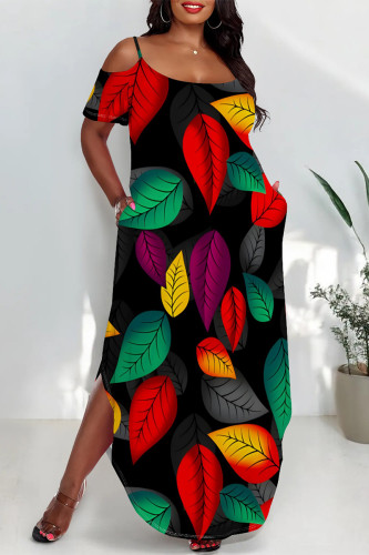 Black Red Sexy Floral Print Pocket Slit Contrast U Neck Printed Plus Size Dresses