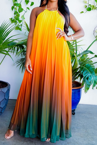 Yellow Elegant Gradient Color Patchwork Backless Ruched Strap Design Halter Pleated Plus Size Dresses