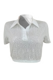 White Casual Solid Color Sequins Buttons Patchwork Turndown Collar Tops