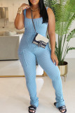 Light Blue Casual Solid Color Pocket Patchwork U Neck Sleeveless Two Pieces