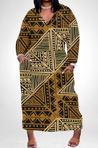 Khaki Casual Geometric Print Flowers Print Pocket Contrast V Neck Printed Plus Size Dresses