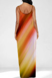Dark Blue Yellow Casual Gradient Color Pocket Patchwork Backless Spaghetti Strap Sling Dresses