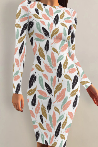 Green Pink Casual Print Patchwork O Neck Wrapped Skirt Dresses