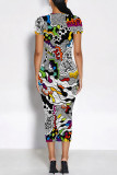 Black And White Casual Geometric Print Floral Print Contrast O Neck Printed Short Sleeve Dress