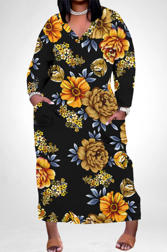 Black Casual Geometric Print Flowers Print Pocket Contrast V Neck Printed Plus Size Dresses