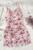 Pink Sexy Print Patchwork Backless Lingerie