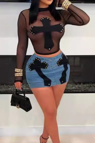 Black Sexy Geometric Print Rivets Patchwork See-Through Patch O Neck Long Sleeve Two Pieces