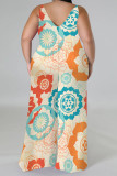 White Casual Street Floral Print Splashed ink printing Contrast V Neck Plus Size Jumpsuits(With a turban)