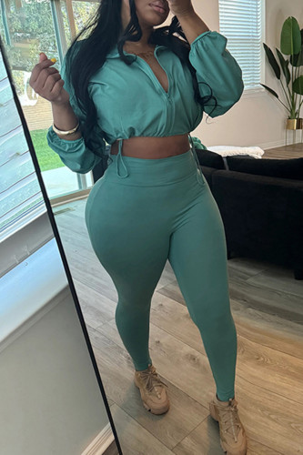 Green Casual Solid Color Draw String Patchwork Zipper Zipper Collar Long Sleeve Two Pieces