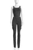 Light Blue Casual Solid Color Pocket Patchwork U Neck Sleeveless Two Pieces