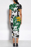 Black And White Casual Geometric Print Floral Print Contrast O Neck Printed Short Sleeve Dress