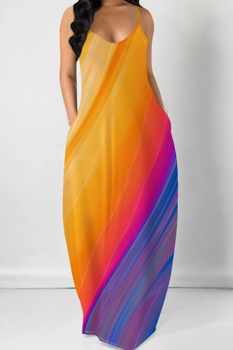Orange Purple Casual Gradient Color Pocket Patchwork Backless Spaghetti Strap Sling Dresses
