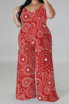 Red Casual Floral Print Contrast V Neck Plus Size Jumpsuits(With a turban)