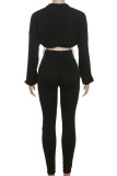 Green Casual Solid Color Draw String Patchwork Zipper Zipper Collar Long Sleeve Two Pieces