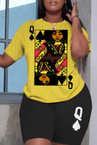 Yellow Casual Print Basic O Neck Short Sleeve Two Pieces