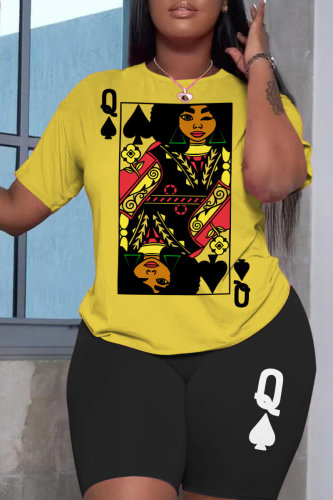 Yellow Casual Print Basic O Neck Short Sleeve Two Pieces