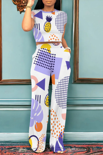 White Casual Geometric Print Pocket Contrast O Neck Short Sleeve Two Pieces