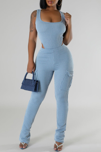 Light Blue Casual Solid Color Pocket Patchwork U Neck Sleeveless Two Pieces