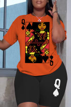Orange Casual Print Basic O Neck Short Sleeve Two Pieces