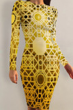 Gold Casual Print Patchwork O Neck Wrapped Skirt Dresses