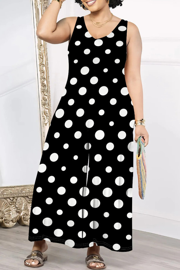 Black And White Casual Print Patchwork V Neck Loose Jumpsuits
