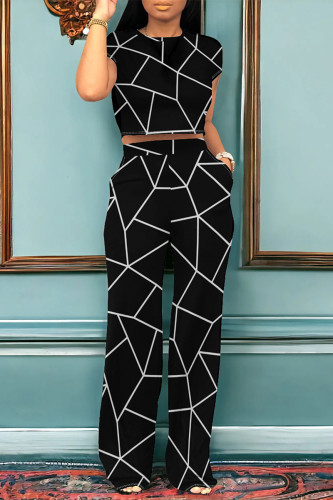Black Casual Daily Print Stripe Pocket O Neck Short Sleeve Two Pieces