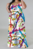 White Casual Street Floral Print Splashed ink printing Contrast V Neck Plus Size Jumpsuits(With a turban)