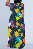 Blue Casual Geometric Print Floral Print Contrast O Neck Printed Plus Size Dresses